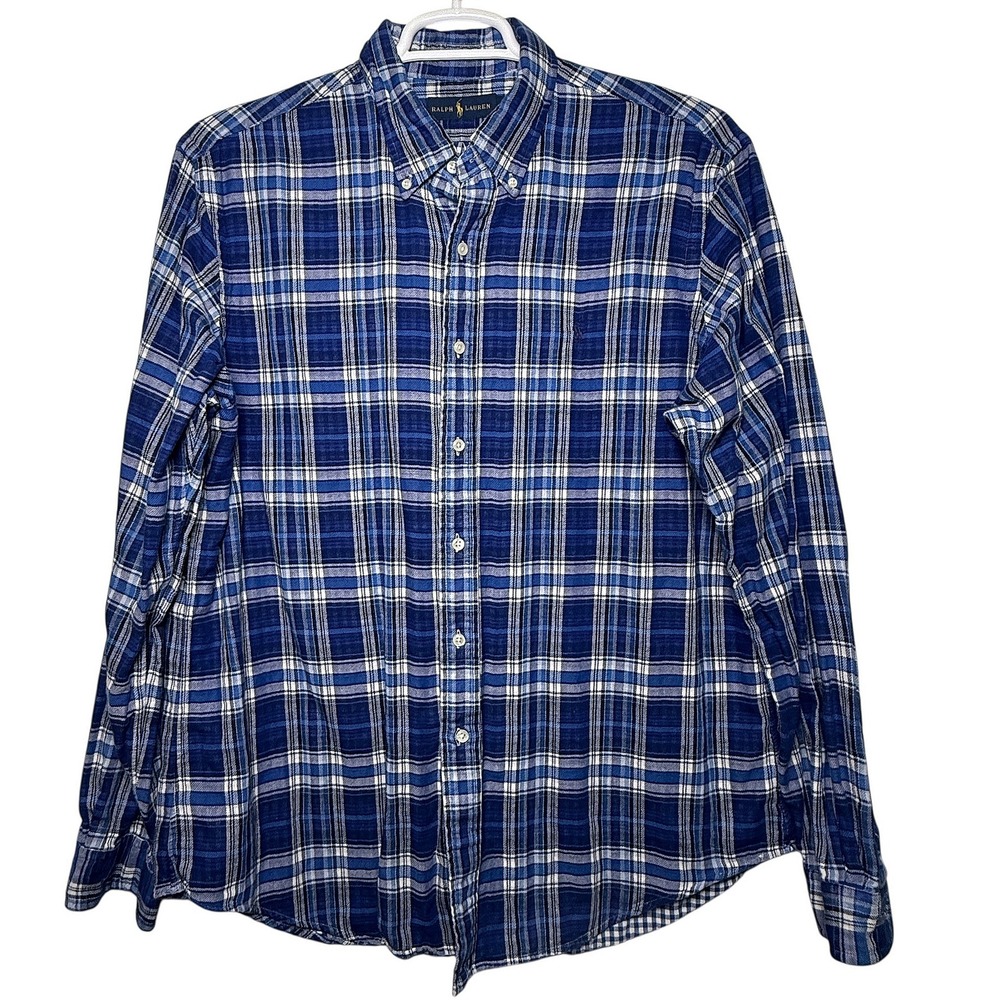 Ralph Lauren Mens Flannel‎ Button Up Shirt Blue Lightweight Lined Plaid Size XL
